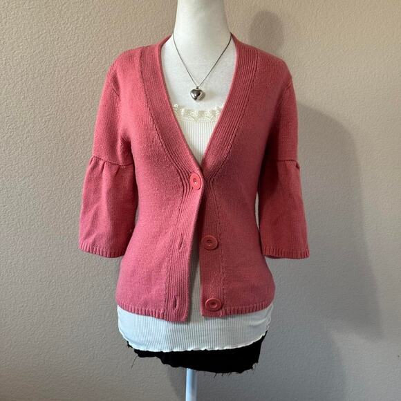 2000s pink coral button up cardigan with bell sleeves - Picture 1 of 4